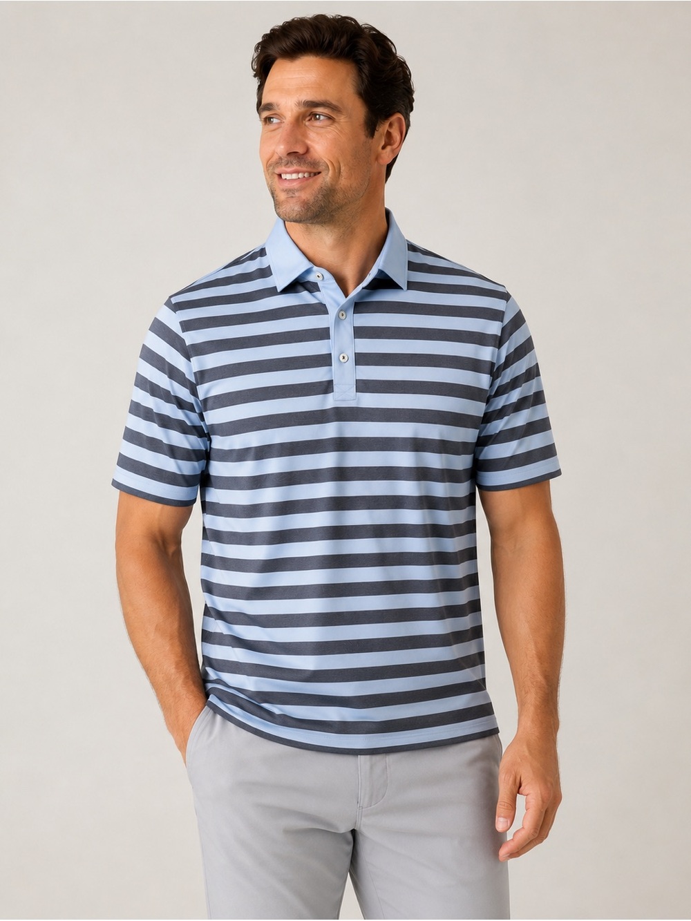 FootJoy FJ Men’s Large Performance Golf Polo Shirt Blue Gray Striped